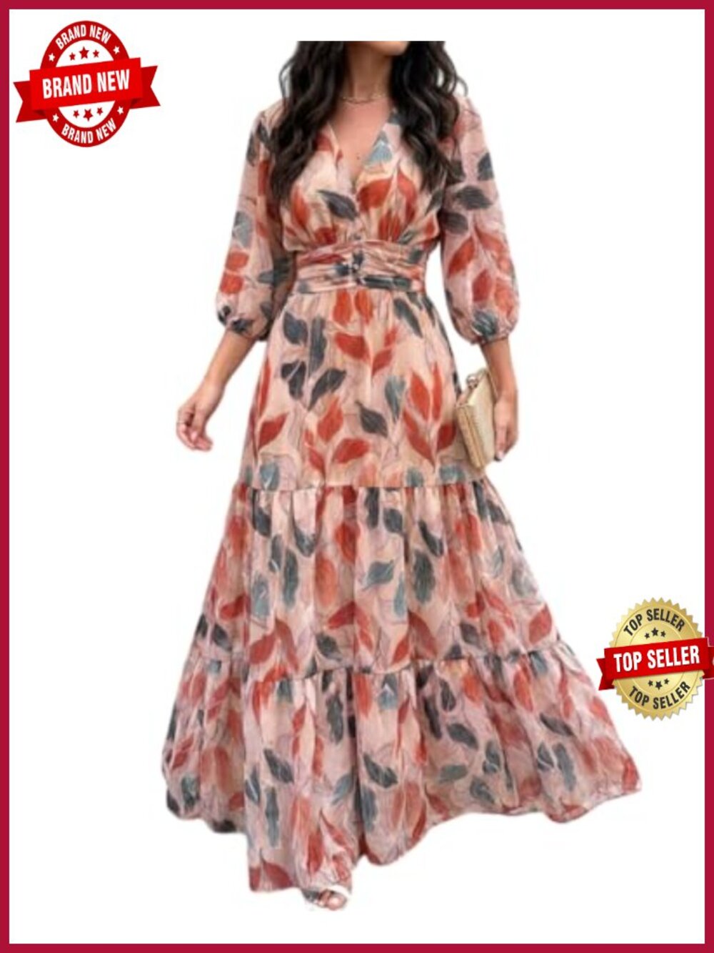 Boho Floral Maxi Dress V-Neck 3/4 Puff Sleeve Summer Vacation Wedding Guest